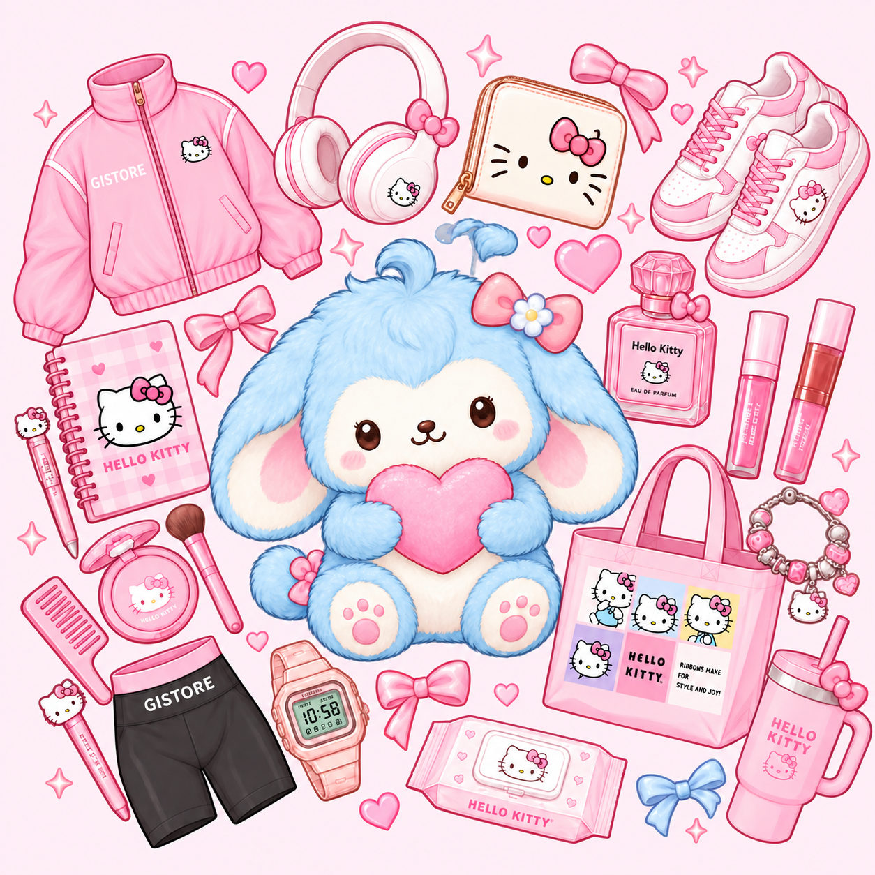 Peluche celeste con corazón rosa rodeado de ropa, maquillaje y accesorios de Hello Kitty